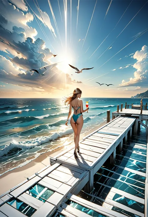 a pier made from ice leading into the sea there is a young woman in a bathing suit and high heels drinking cocktail, calm sea background, seagulls flying,  sunny day, sun rays,  Ultra-high resolution, High Contrast, (masterpiece:1.5), highest quality, Best...