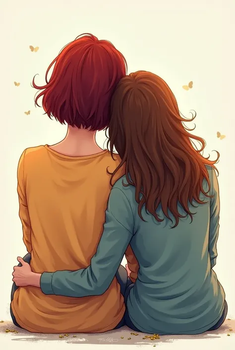 In colored drawing style. A mother and his daugher on back, sitting. 
WE dont view her faces, WE only view her backs.
The mother have dark red hairs, short lenght. The daughter have Brown hairs. 