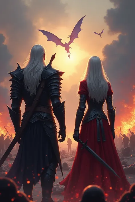 A man with silver hair up to his shoulders along with a woman with silver hair turn their backs on us, both are wearing armor with black and red colors, they are prepared for battle. In the background you can see fire and ashes with fallen men and in the s...