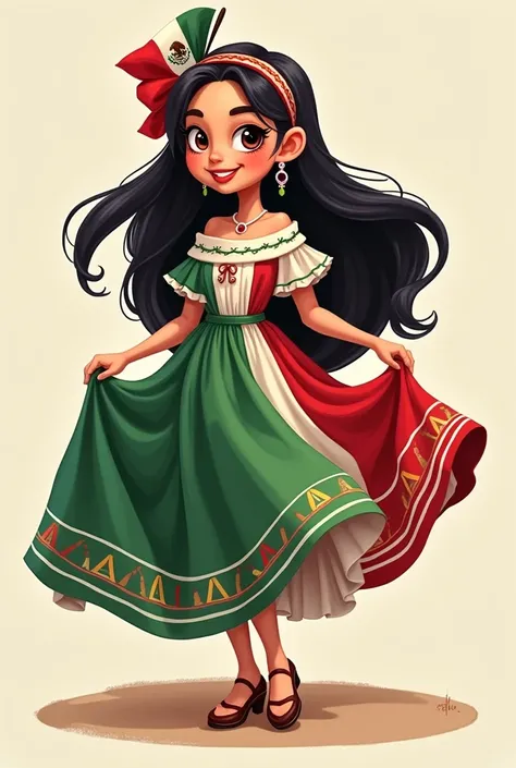 A girl dressed as a Mexican Adelita with the colors of the flag and a headband with a flag decoration, and with long toon-shaped hair