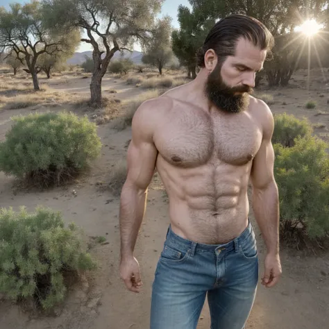 The white man, muscular, 3, with a defined beard, poses shirtless in a Tlachichila-inspired setting, a small rural town full of history and traditions. Around it, Arid hills and dry vegetation typical of the region can be seen, while the sun shines brightl...