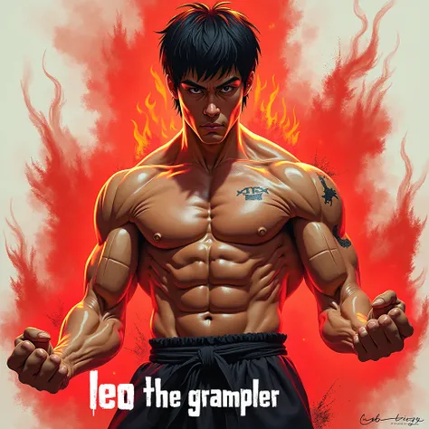 Create an image of a guy who has the Bruce Lee cut, muscular, marked, white, and that it has a red aura all over its body and that on the bottom is written :
"LEO THE GRAPPLER" 