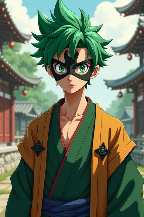 A young man with hair similar to Goku&#39;s but green with a simple samurai suit and a mask with two semi-large eyes and a smile 
