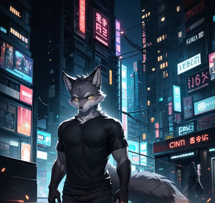 （Cyberpunk Character）Black and gray fox fur handsome city face night scene black glowing T-shirt on his back beautiful light and shadow、Ambient lights、Super soft fur、Volumetric light 