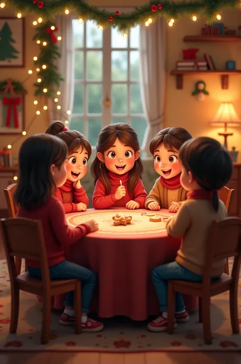 Create an image of 1 1 boy and 5  girls sitting around a round table talking with Christmas decorations