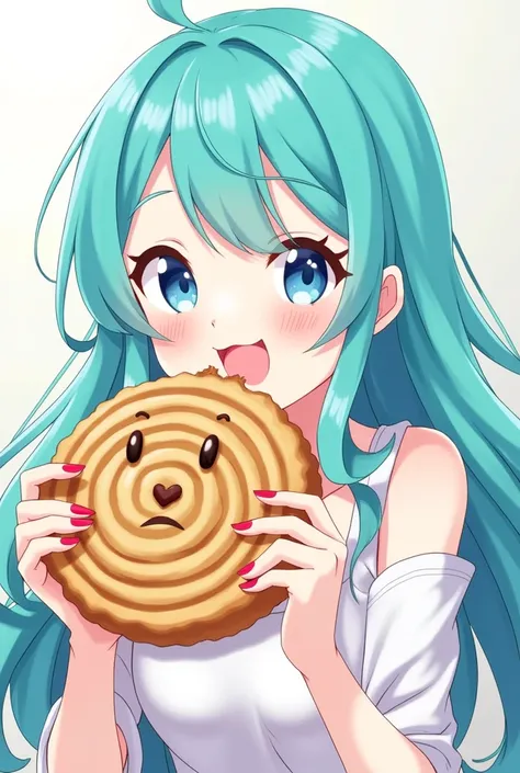 Anime girl eating a brown and white spiral cookie Long turquoise blue hair, blush,  blue eyes,
Bright red nails, the cookie with a face-colored shirt with bare shoulders very happy 