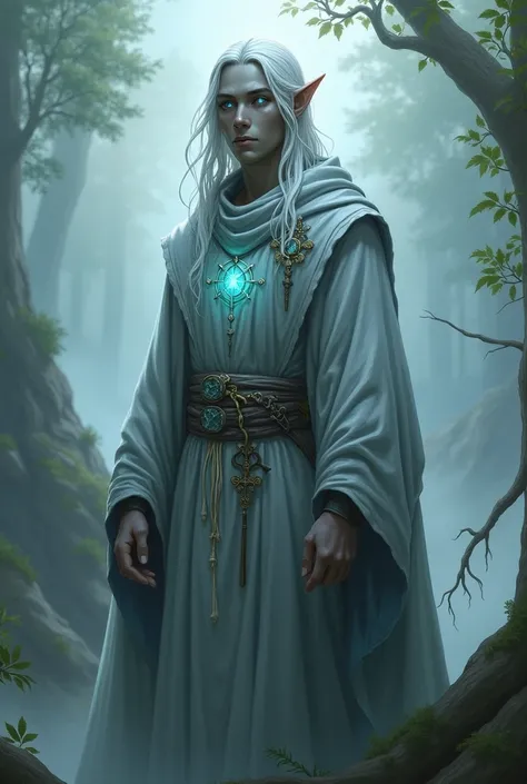 create an elf with gray skin, blue colored eyes, medium white hair, along with that make him like a cleric 