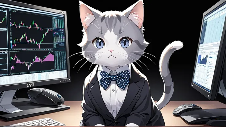 A chic cat, Black and grey stripes, Wearing a blue and white polka dot bow tie, Serious expression, Black background, anime, best quality, A cat sitting on a desk with multiple monitors, The cat is trading stocks while looking at the monitor.