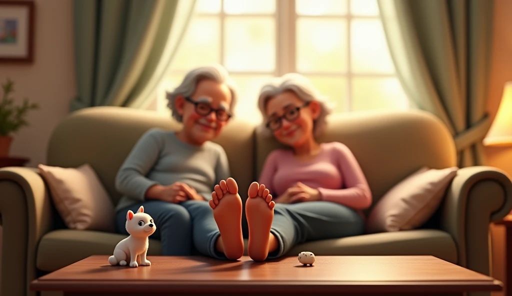 a couple (Mary and John) sitting on the couch resting their feet with with wrinkled soles on the coffee table with a tiny man pampering Marys foot