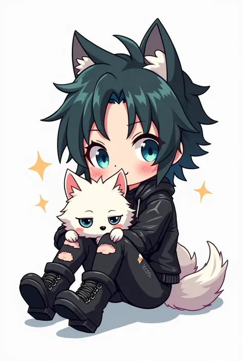 in anime style, Chibi woman with black-green hair and black punk clothes, with a small white wolf with blue eyes on lap with white background