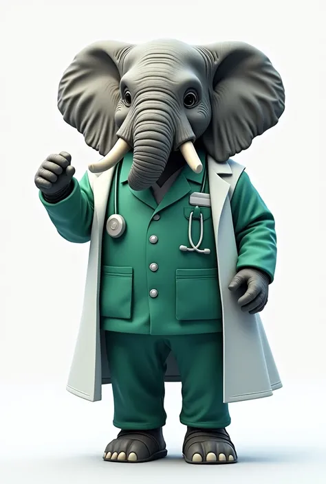 Elephant with green medical uniform and white medical gown