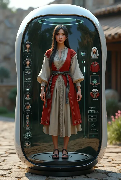 image of a futuristic capsule, with an avatar to be customized. The options should be at the bottom of the capsule.. the clothes should be half peasant and on the back a village . place the control panel next to the image vertically, how customization opti...