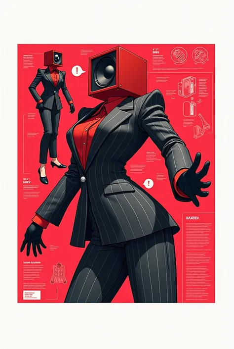 score_9, score_8_up, score_7_up, score_6_up, score_5_up, score_4_up, (source_anime), 1girl, A highly detailed illustration of a humanoid female speaker woman with a square red speaker as her head, wearing an elegant black pinstriped suit. The suit has no b...