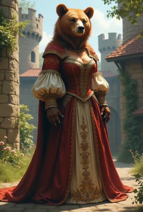 Medieval female bear in medieval clothes with very large and huge breasts 