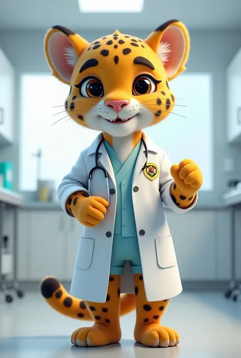 Make a young jaguar mascot with a lab coat and veterinary medicine emblem 
