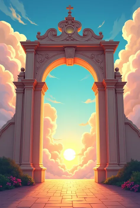 Heaven gate facing forward, spanish colonial architecture, sun rays, scene in the sky, full of clouds, eye level shot, cartoon style, animation, illustration, vibrant colors, minimalist