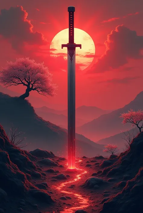 I want a katana stuck to the ground vertically, with a cherry tree on a hill on the horizon, a red sunset behind the katana, and rays coming out of the ground where the katana is stuck, and with a waning moon in the corner of the image