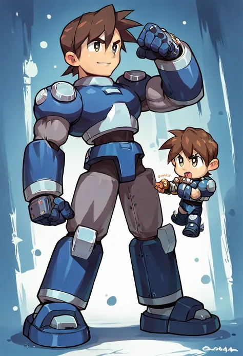 highest quality,raw photos,professional art works,guts pose,m3g4m4n,blue armor,muscular,brown hair, boy,chibi,