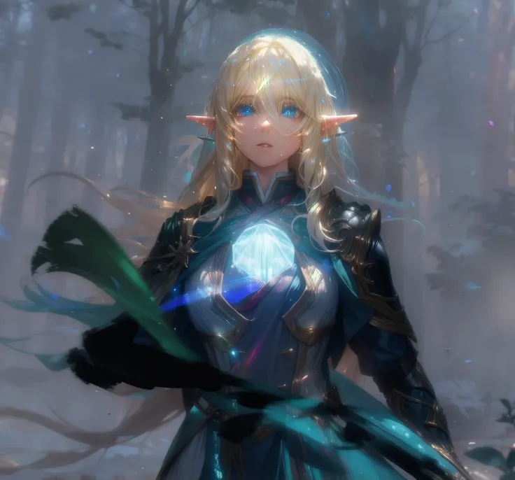 elf women,blond long hair,floating hair,forest,(volumetric light:1.5),(iridescent light:1.2),(glowing:1.2),cowboy shot, 