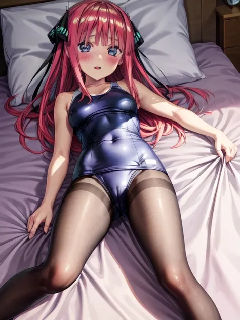 best quality, insanely detailed, blush, looking at viewer, cheerful eyes, arousal, one-piece swimsuit, pantyhose, lying down on the bed, nino nakano