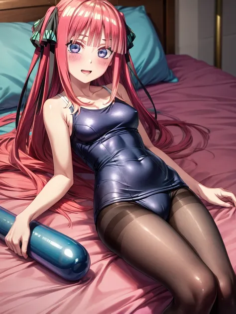 best quality, insanely detailed, blush, looking at viewer, cheerful eyes, arousal, one-piece swimsuit, pantyhose, lying down on the bed, nino nakano