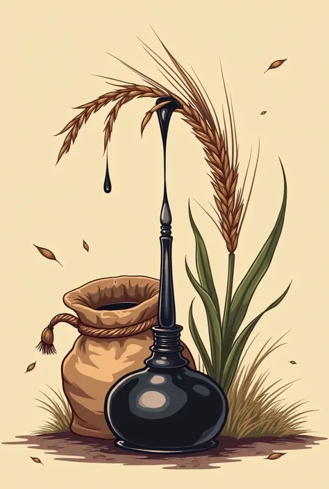 A striking logo design featuring a harmonious blend of rich brown and deep black hues. Make it cartoon like art. Instead of a traditional quill, envision a delicate rice plant gracefully arching outwards, make the pen very detailed and open, its slender st...