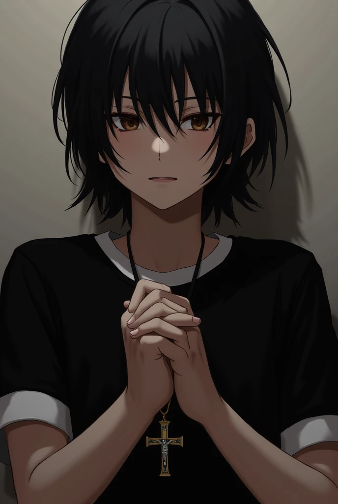 Boy with long black hair wearing a black t-shirt and white sleeves with a crucifix 