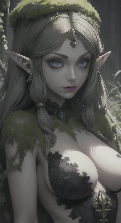 Overgrown hell life, princess Zelda statue, cracked skin, grey skin, black veins, black blood, covered in moss,