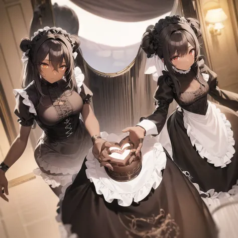 anime,chocolate dark-skinned female,wearing a maid outfit,Eye color is amber,are twins black and white hair,Background inside the mansion,The composition is stylish,cute heart effect