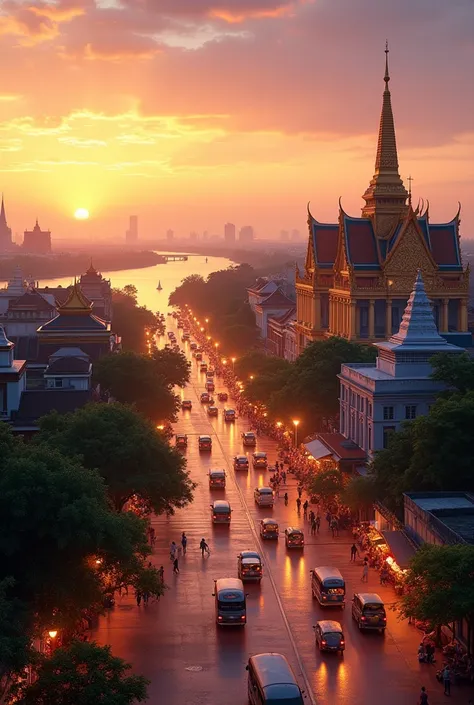 Create a stunning image of Phnom Penh, the vibrant capital of Cambodia. The image should capture the iconic skyline at sunset, with the Tonle Sap and Mekong Rivers merging in the background. Highlight landmarks like the Royal Palace with its golden spires,...