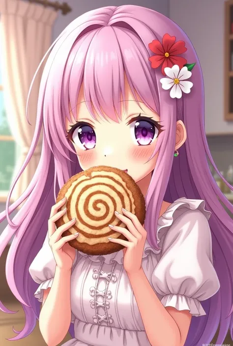 Anime girl eating a brown and white spiral cookie 