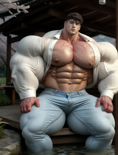 1boy, giant, alone, giant bodybuilder, wet, illuminating light, strong body, bulk, large size, sitting at cherry blossom hut, outdoor, wear white daily shirt and jean pants, massive bulge, bulge, extraordinary big, brutalmass, giant muscular body, bulk, bu...