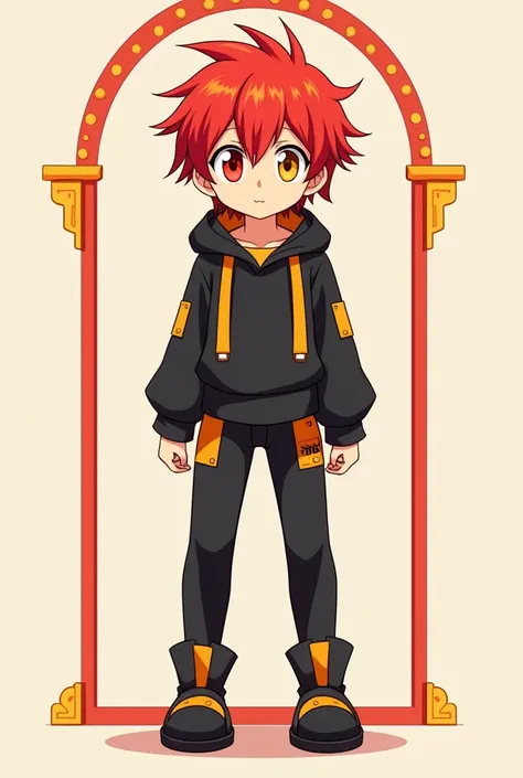 quero um pngtuber, is a male anime character from the front, no pose, ele esta neutral, arms down, normal legs looking straight, neutral, ele esta neutral, He is red-haired, his right eye is red and his left eye is yellow., short hair with a slight fringe,...