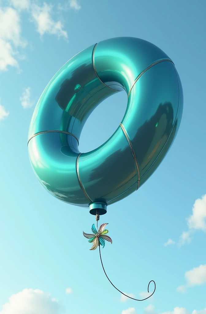 A turquoise glass pinwheel is tied to the ribbon at the end of this picture balloon and is rising.