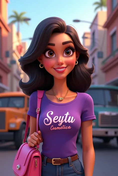 Animated Tamaulipas woman with extra large eyelashes. sister , pink bag with purple t-shirt with letters seytu cosmetica, 
Trucks 

