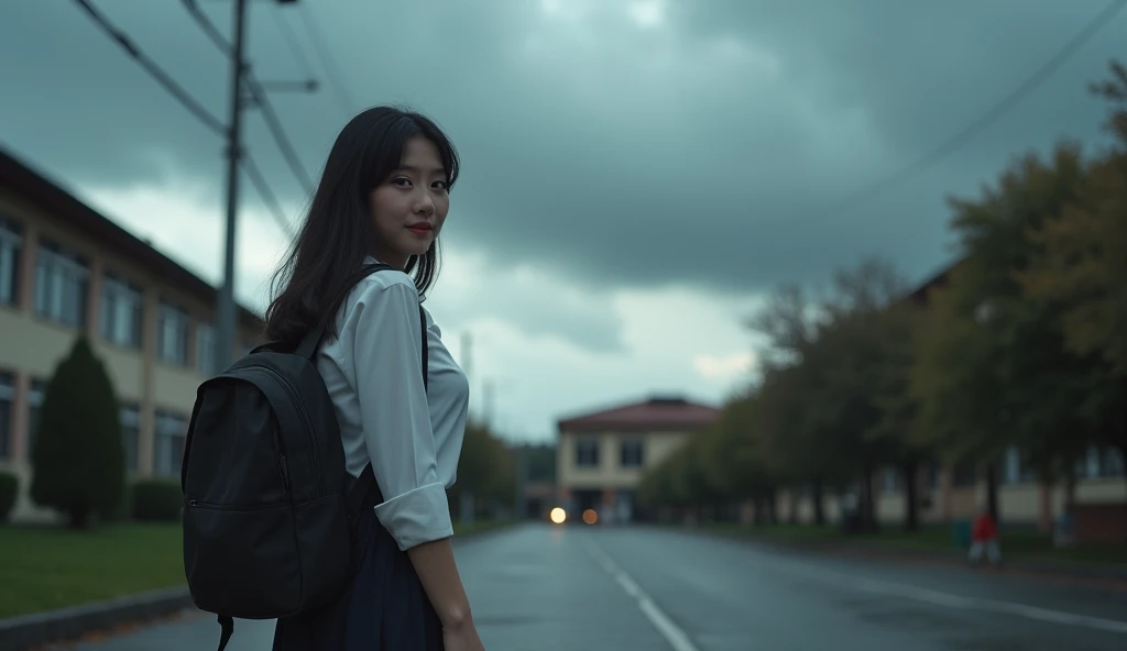 Scene: Valentina, a  with long dark hair, is seen walking away from the entrance of her school. She wears a simple school uniform and carries a backpack over her shoulder. The sky above is overcast, with thick gray clouds hinting at an impending storm. Val...