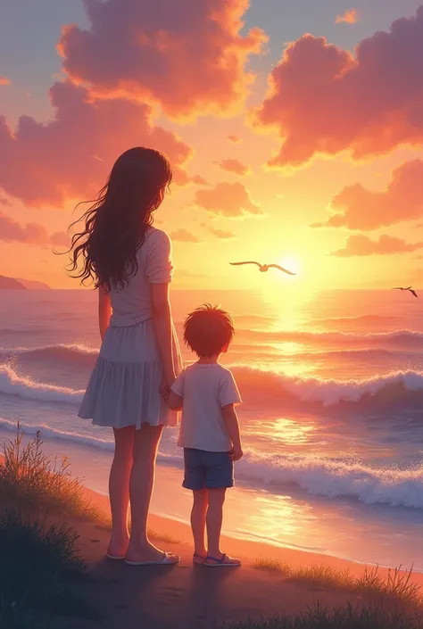 I want to create a tattoo where a child of around  can be seen next to his mother in front of the sea and the sunset.