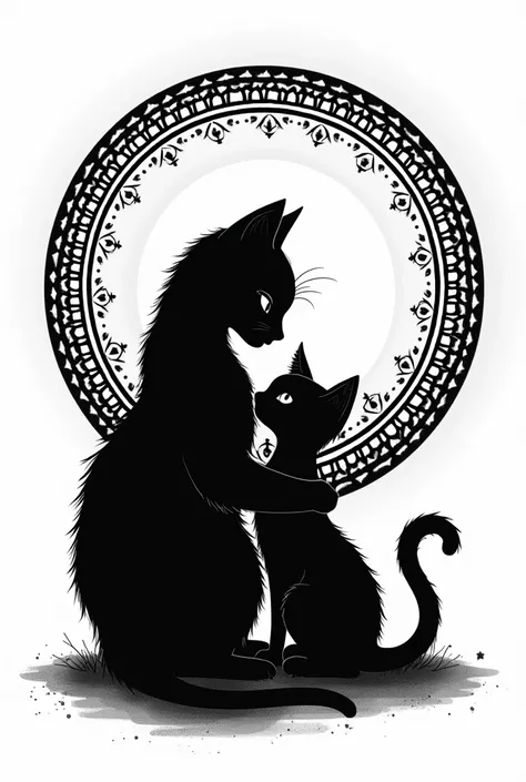 
creates a cat with his son on a moon with a mandala style in black with a white background