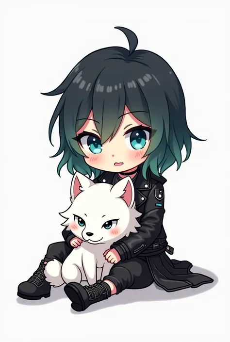 in anime style, Chibi woman with black-green medium length hair and black punk clothes, with a small white wolf with blue eyes on lap with white background