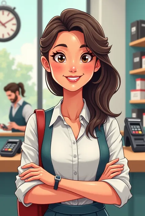 Create a female character for a card machine sales profile called Ton. She must be a charismatic and trustworthy woman., between 30 and 3, with a modern and accessible cartoon style, Now create 5 more of the same but in different situations.
