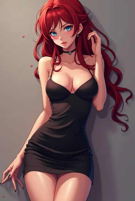 Girl with wide hips with a black skirt and Hot with red hair and blue eyes anime type with more tits 