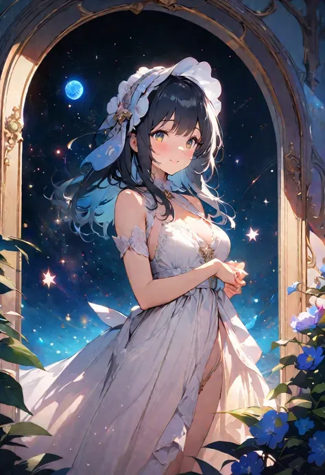 Create exquisite illustrations reminiscent of Makoto Shinkais style, It has ultra-fine details and top-notch quality. Create a high-quality illustration featuring a beautiful girl opening a door in a fantastical space, revealing a cosmic universe beyond. T...