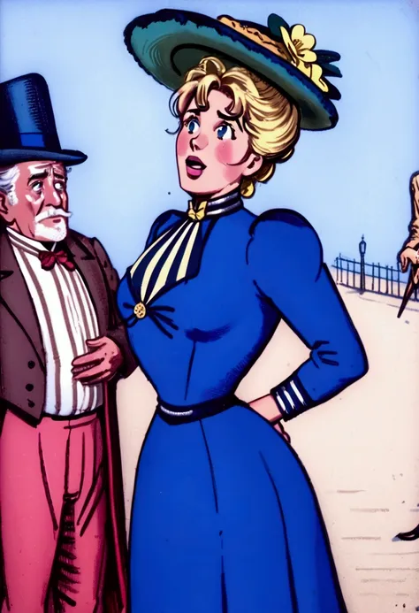 betty cooper as a stunningly beautiful 15yo blonde gibson girl of the 1890s wearing a blue 1890_dr3ss, picture hat, perky pushed...