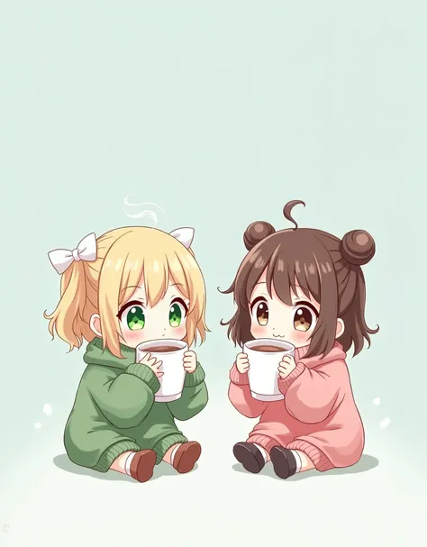 2 young girls (holding cups of hot cocoa, with smoke coming out of it), (in baggy VERY oversized sweaters, one green and one pink), (one has blonde hair tied in little short ponytails (with white ribbons) and green eyes, she is shy and timid. She gets flus...