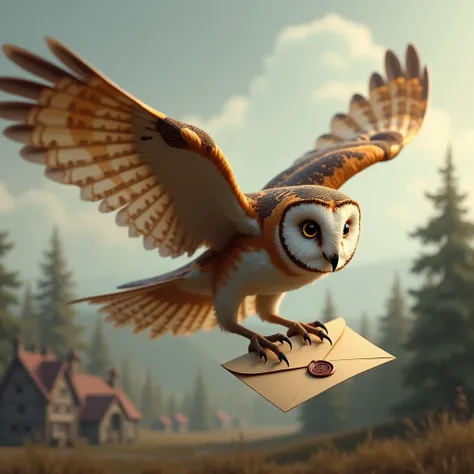 A brown barn owl with an intelligent face flying with a letter