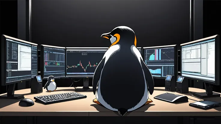 a chic penguin, sad expression, black background, anime, best quality, a penguin sitting on a desk with multiple monitors, the p...