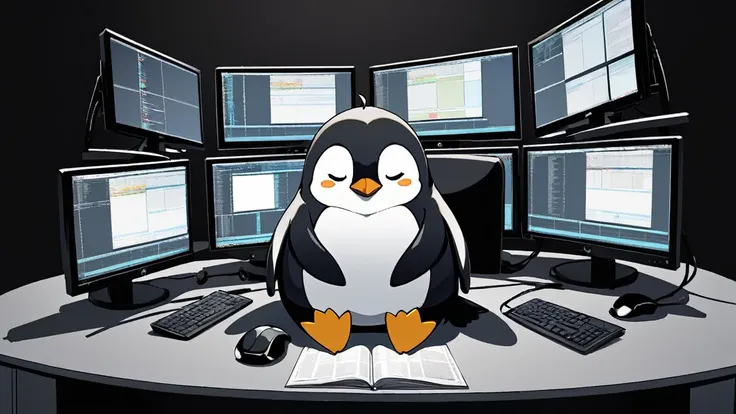 a chic penguin, sad expression, black background, anime, best quality, a penguin sitting on a desk with multiple monitors, the p...