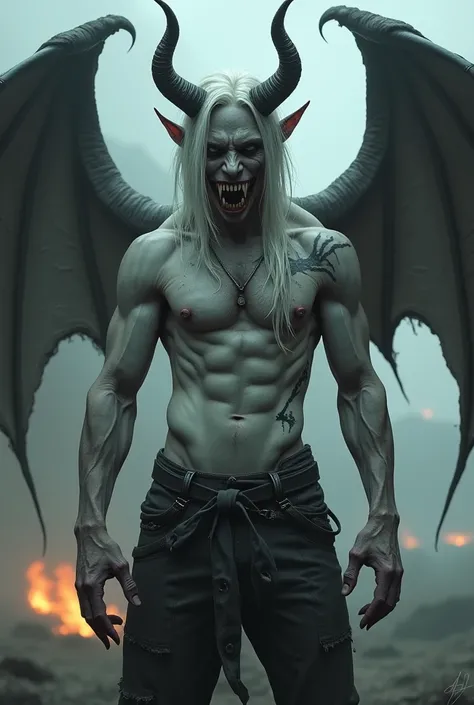 Create an Incubus with a mix of sensuality and a hideous appearance. He has a muscular and defined body, covered in dark scars, with pale gray skin. Her eyes are completely black, no pupils, transmitting a feeling of emptiness. the face, despite having att...