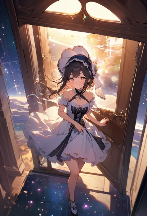 Create exquisite illustrations reminiscent of Makoto Shinkais style, It has ultra-fine details and top-notch quality. Create a high-quality illustration featuring a beautiful girl opening a door in a fantastical space, revealing a cosmic universe beyond. T...