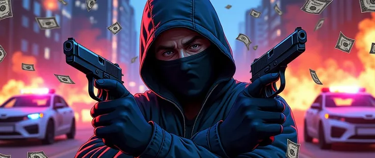 GTA style drawing, guy with guns against the background of explosions, the police, The guy in the mask, Close-up, night, neon, Money around, Dollars, 